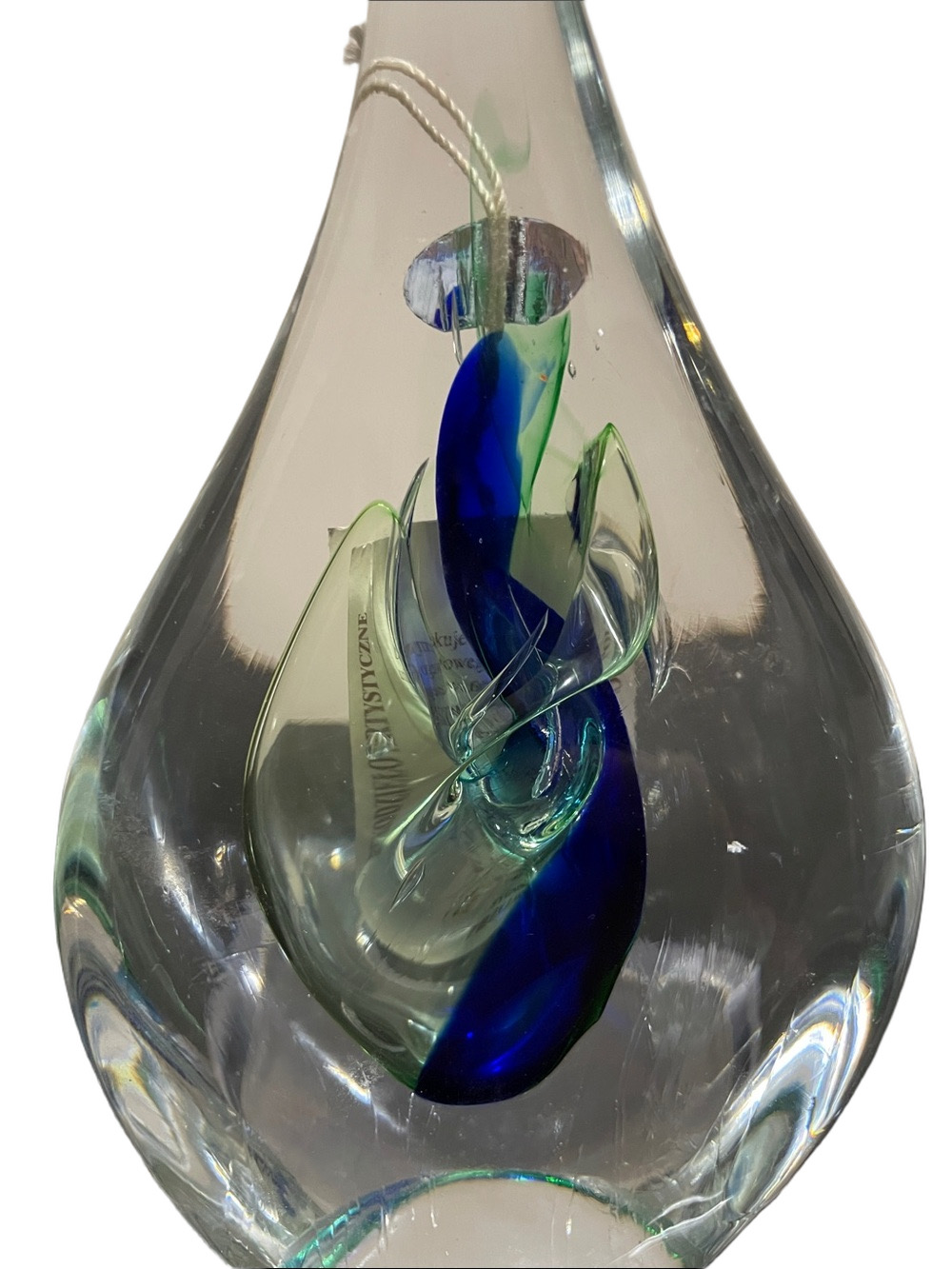 Adam Jablonski Signed Handblown Glass Teardrop Sculpture in Blue and Green